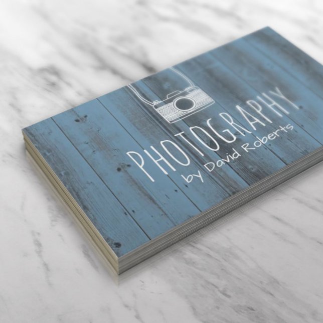 Photography Camera Rustic Dusty Blue Wood Business Card (Creator Uploaded)