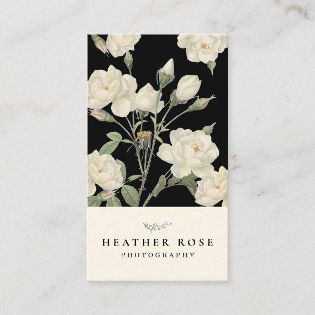 Photography Dark Black Background White Roses Business Card (Front)
