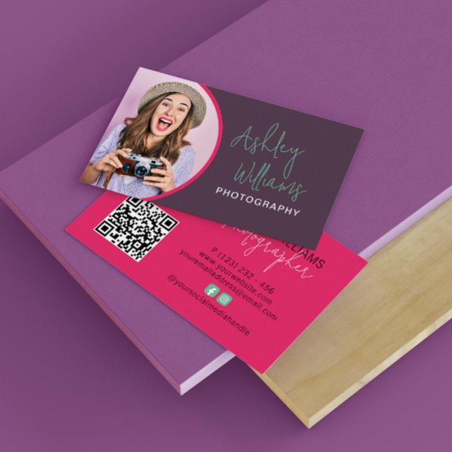 Photography Logo Photo Plum & Pink QR Code Business Card (Creator Uploaded)
