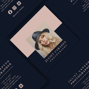 Photography Navy Blue & Blush  Square Business Card