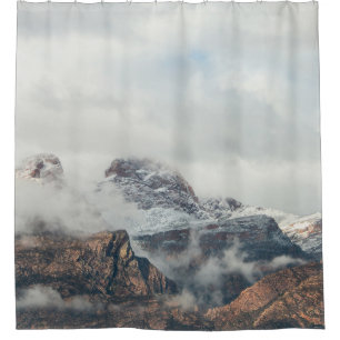 PHOTOGRAPHY OF MOUNTAIN RANGE DURING DAYTIME SHOWER CURTAIN