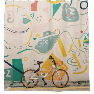 PHOTOGRAPHY OF ORANGE AND WHITE BICYCLE SHOWER CURTAIN