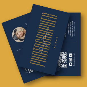 Photography Photo QR Code Navy Blue Gold Business Card