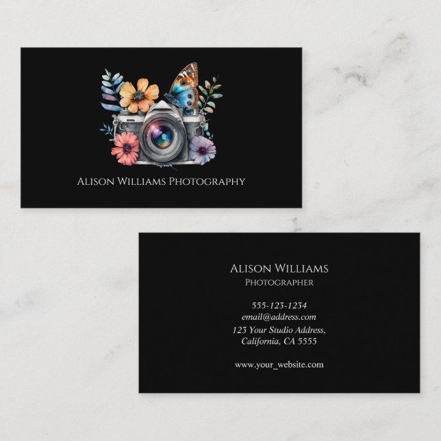Photography Photographer Floral Camera Watercolor Business Card (Front/Back)