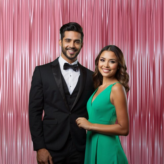 Photography Selfie Rose Pink Faux Tinsel Tapestry (Mockup of couple in front of backdrop)