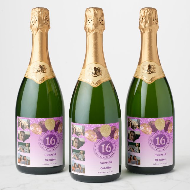 Photos, 16th Birthday Pink Glitter Champagne Sparkling Wine Label (Bottles)