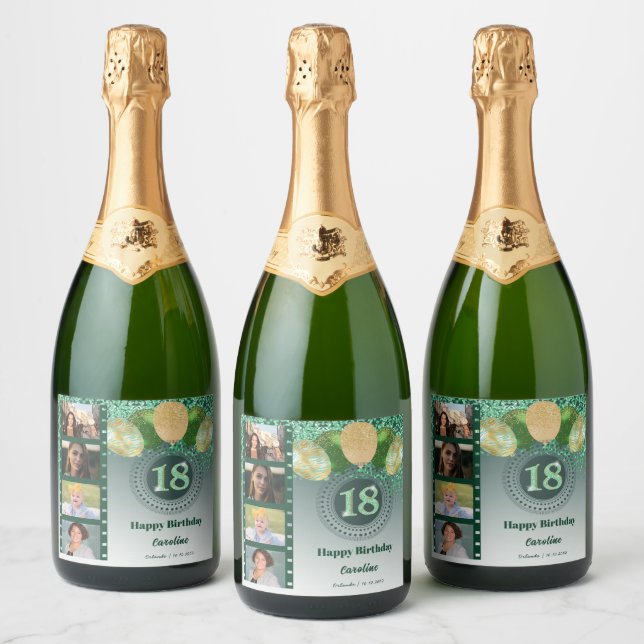 Photos, 18th Birthday Green Glitter Champagne Sparkling Wine Label (Bottles)