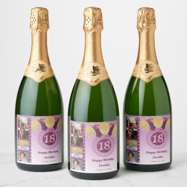 Photos, 18th Birthday Rose Gold Glitter Champagne Sparkling Wine Label (Bottles)
