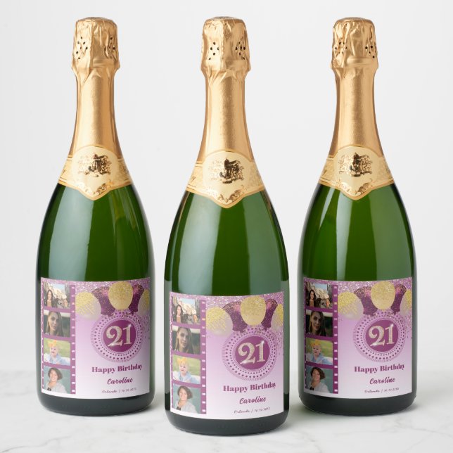 Photos, 21st Birthday Rose Gold Glitter Champagne Sparkling Wine Label (Bottles)