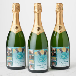 Photos, 30th Birthday Teal Blue Glitter Champagne Sparkling Wine Label