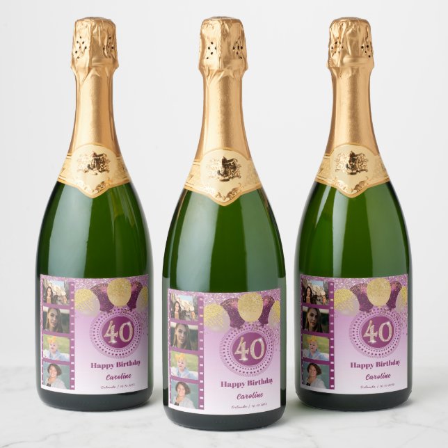 Photos, 40th Birthday Rose Gold Glitter Champagne Sparkling Wine Label (Bottles)