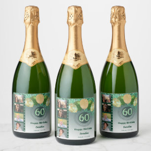 Photos, 60th Birthday Green Glitter Champagne Sparkling Wine Label