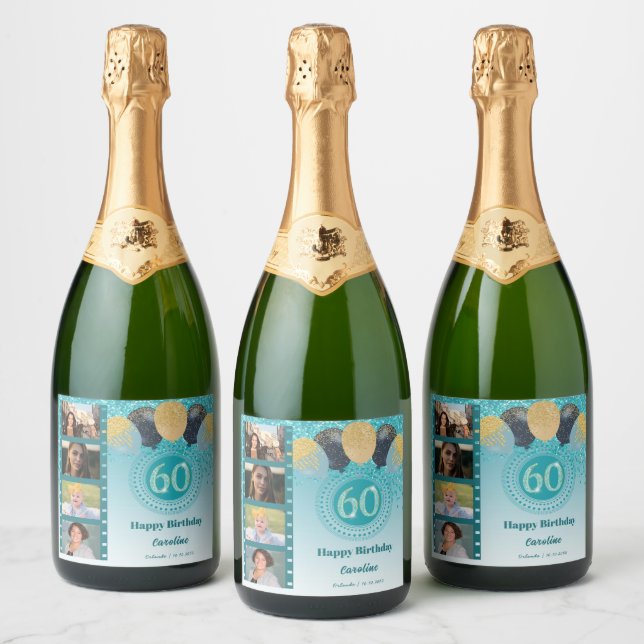 Photos, 60th Birthday Teal Blue Glitter Champagne Sparkling Wine Label (Bottles)