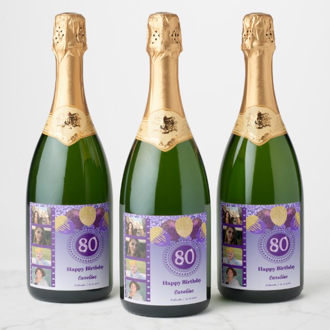 Photos, 80th Birthday Purple Glitter Champagne Sparkling Wine Label (Bottles)