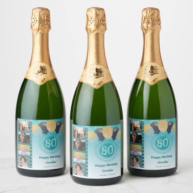 Photos, 80th Birthday Teal Blue Glitter Champagne Sparkling Wine Label (Bottles)