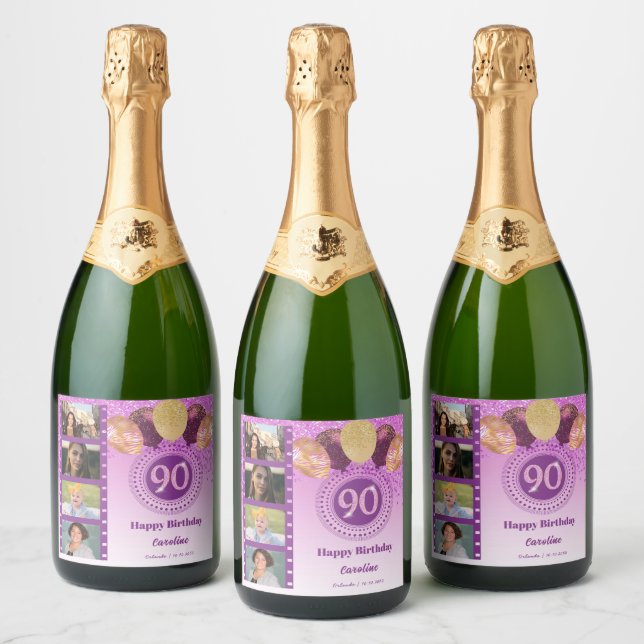 Photos, 90th Birthday Pink Glitter Champagne Sparkling Wine Label (Bottles)