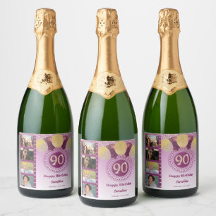 Photos, 90th Birthday Rose Gold Glitter Champagne Sparkling Wine Label