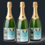Photos, 90th Birthday Teal Blue Glitter Champagne<br><div class="desc">Surprise your guests with these elegant Champagne Labels featuring a stylish teal blue glitter with a unique glitter number 90 and four custom pictures.</div>