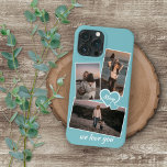Photos And Heart On Light Turquoise Teal Blue iPhone 11Pro Max Case<br><div class="desc">Decorative, pretty elegant light teal blue green grey coloured cellphone case. With room to easily customise or personalise with three pictures and (limited) text of your choice. Decorated with cute hearts and sweet We Love You quote text in an elegant and stylish handwritten style calligraphy font type. Unique keepsake, birthday,...</div>