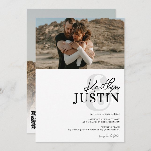 Photos bold names calligraphy black white wedding invitation (Front/Back)