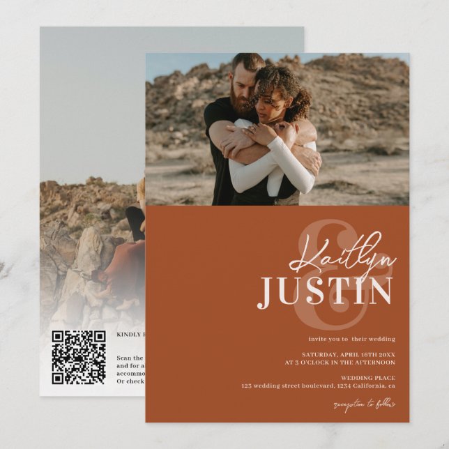Photos bold names calligraphy terracotta wedding invitation (Front/Back)