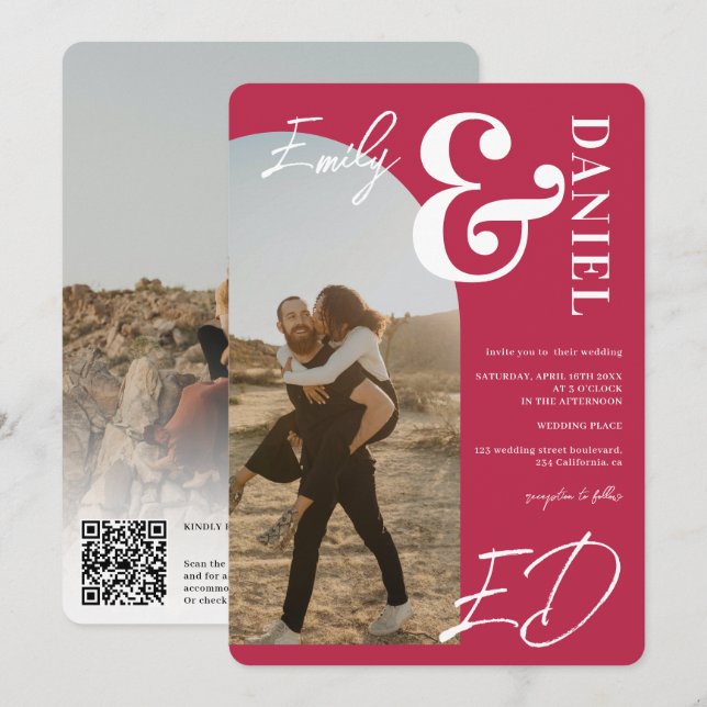 Photos bold names script arch magenta wedding invitation (Front/Back)