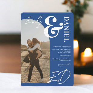 Photos bold names script arch retro blue wedding invitation