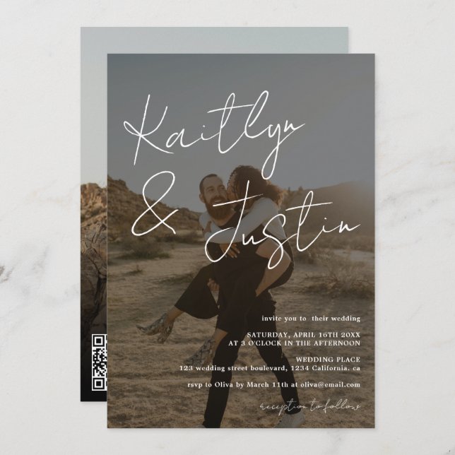 Photos name script calligraphy black wedding invitation (Front/Back)