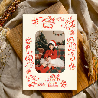 Photos Playful Hand Drawn Red Whimsical Christmas  Holiday Card