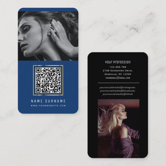 photos qr code scannable barcode modern blue busin business card (Front/Back)