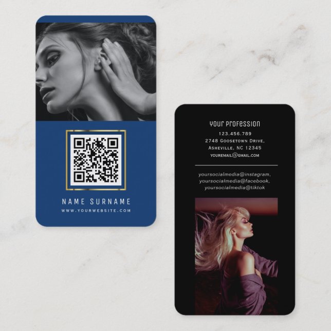photos qr code scannable barcode modern blue business card (Front/Back)