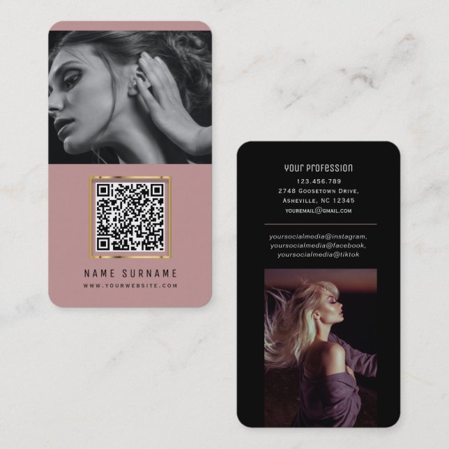 photos qr code scannable barcode modern dusty pink business card (Front/Back)
