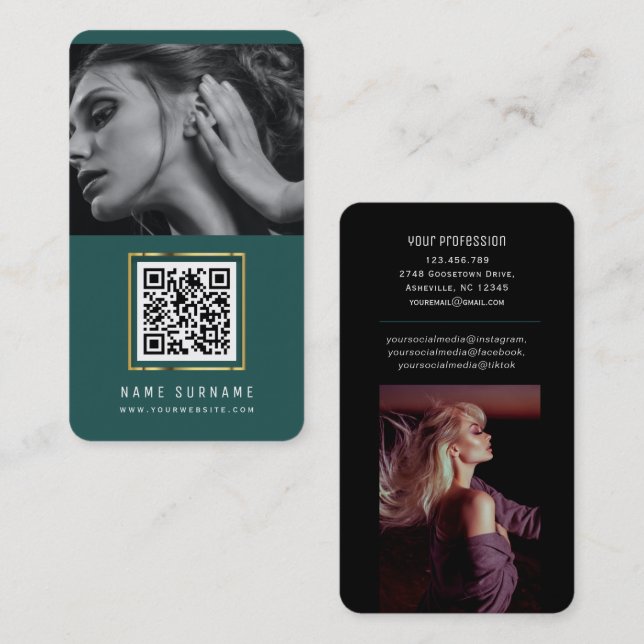 photos qr code scannable barcode modern emerald business card (Front/Back)