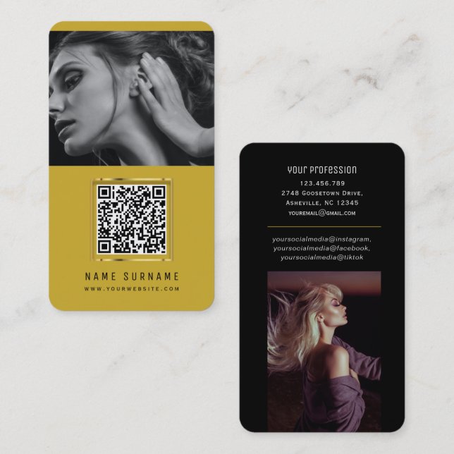 photos qr code scannable barcode modern yellow business card (Front/Back)