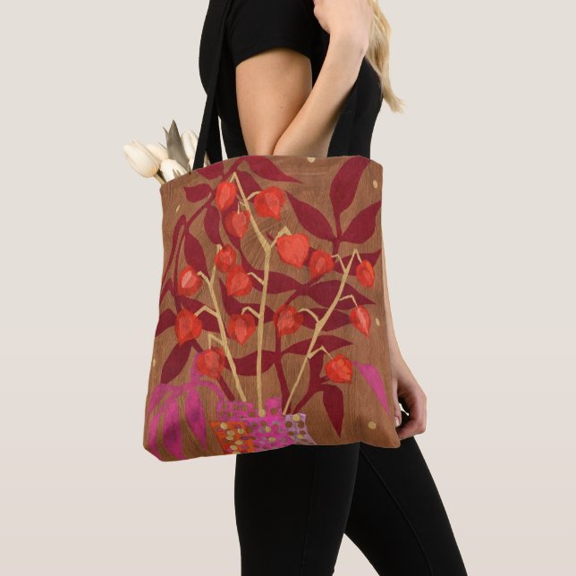 Physalis Chinese Lanterns Paper Collage Floral Art Tote Bag (Close Up)