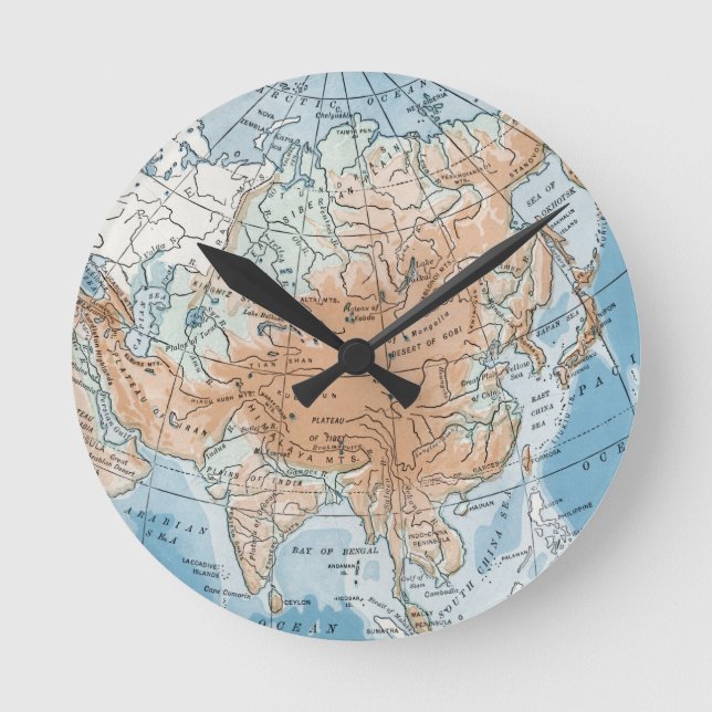 Physical Map of Asia (1916) Round Clock (Front)