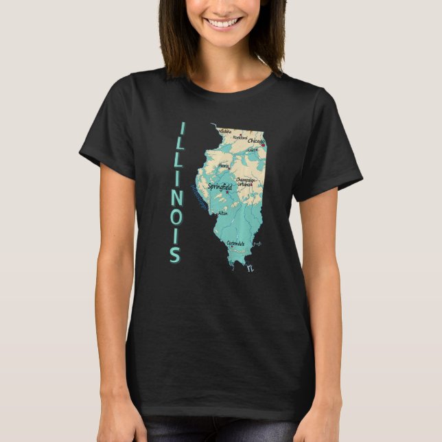 Physical Map Of Illinois State Major Cities Lakes  T-Shirt (Front)