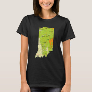 Physical Map Of Indiana Major Cities Lakes Rivers T-Shirt