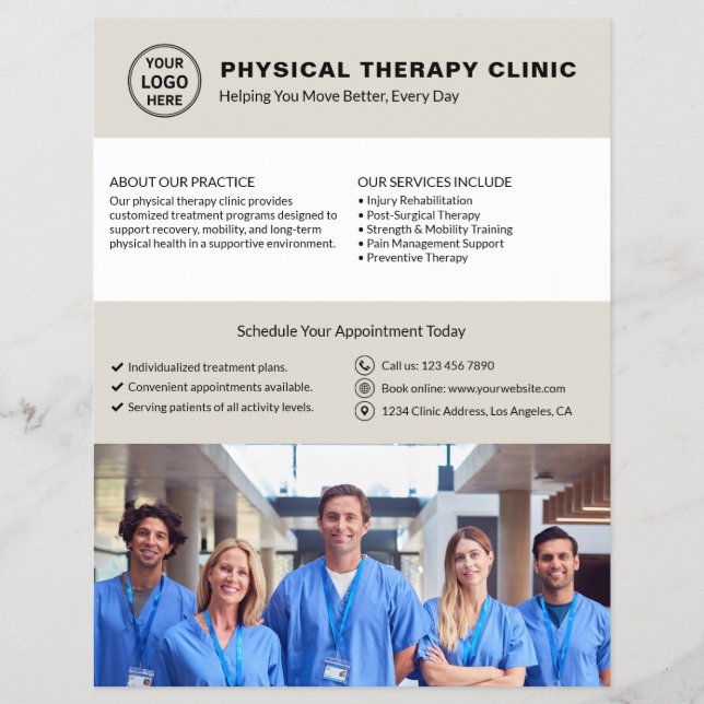 Physical Therapy Clinic Logo QR Neutral Beige Flyer (Front)