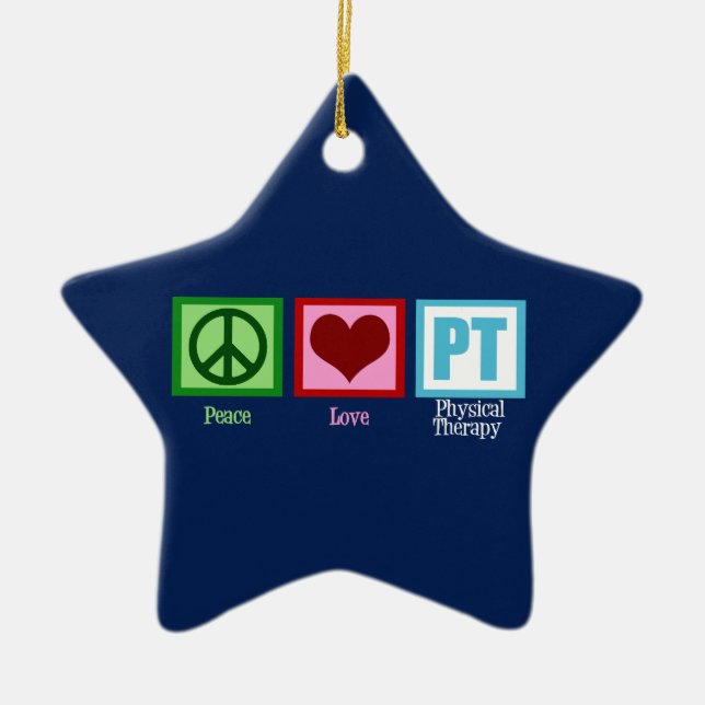 Physical Therapy Star Peace Love PT Blue Christmas Ceramic Tree Decoration (Front)