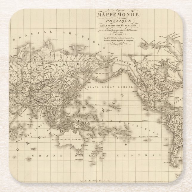 Physical world map square paper coaster (Front)