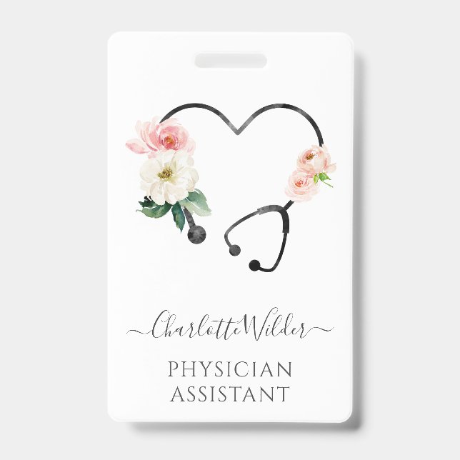 Physician Assistant Floral Stethoscope ID Badge (Front)