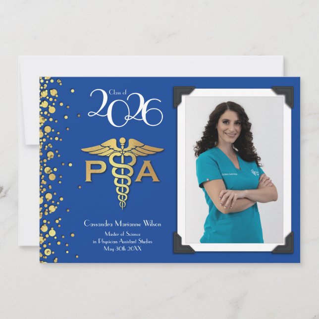 Physician Assistant PA Graduation Blue Gold Invitation (Front)