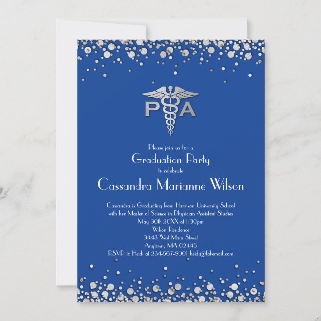 Physician Assistant PA Graduation Blue Silver Invitation (Front)