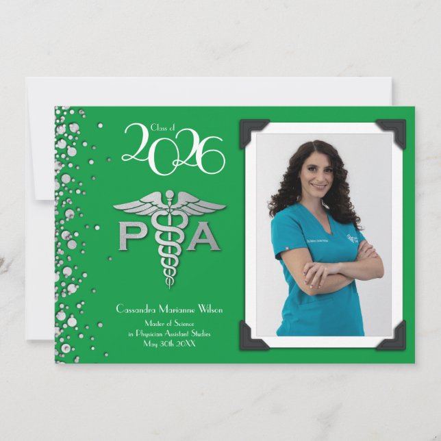 Physician Assistant PA Graduation Green Silver Invitation (Front)