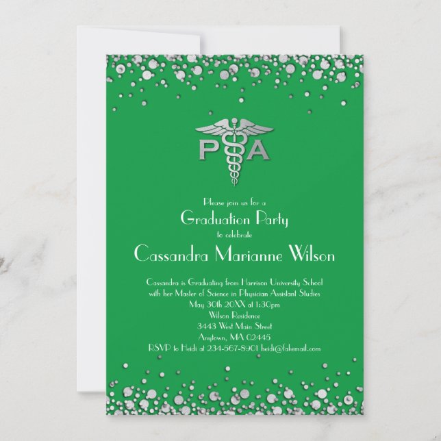 Physician Assistant PA Graduation Green Silver Invitation (Front)