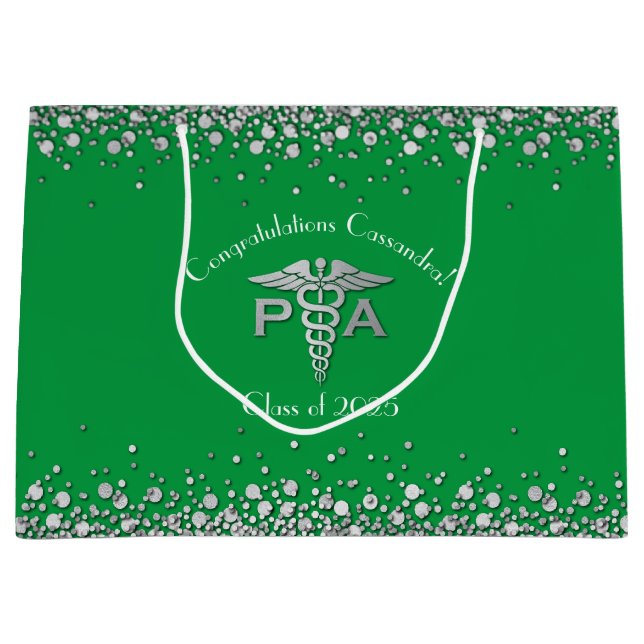 Physician Assistant PA Graduation Green Silver Large Gift Bag (Front)