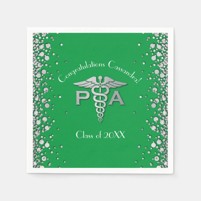 Physician Assistant PA Graduation Green Silver Napkin (Front)