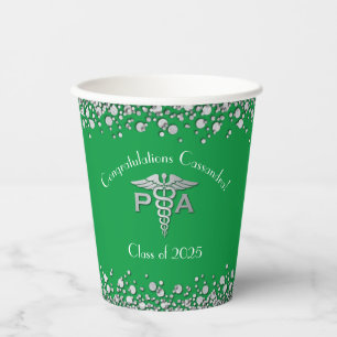 Physician Assistant PA Graduation Green Silver Paper Cups