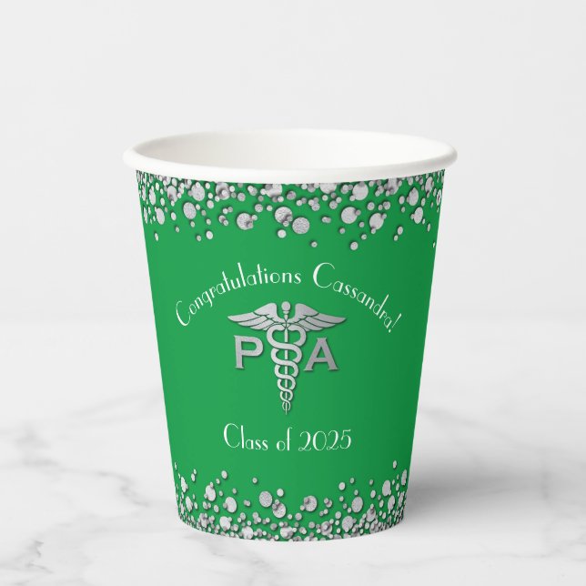 Physician Assistant PA Graduation Green Silver Paper Cups (Front)